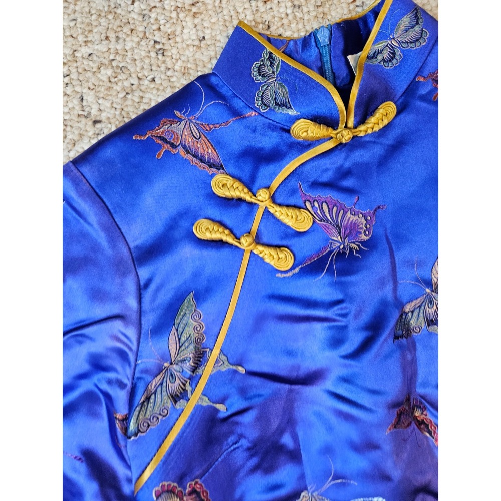 Blue Satin Butterfly Embroidered Cheongsam Qipao Maxi Dress Mandarin Collar - Picture 7 of 16